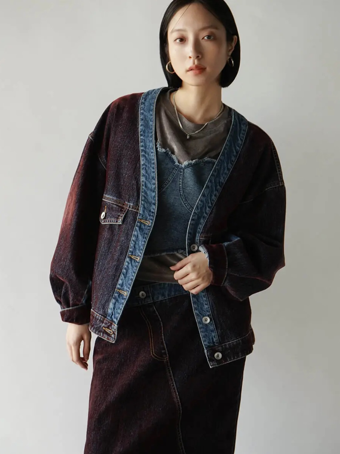 TO BE CHICノーカラー デニム×モヘア ジャケット pick up】ノーカラーフロッキーデニムジャケット │セロシア