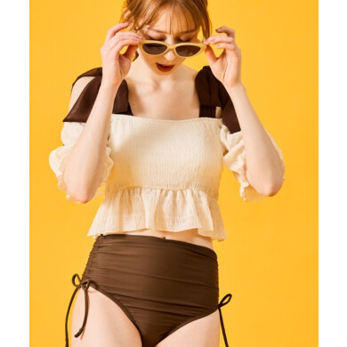 大きめリボンがかわいい！ギャザーシフォンオフショルビキニ👙
